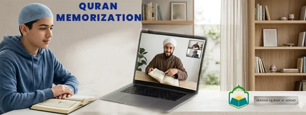 Teenage student attending an online Quran memorization course with a professional tutor at Ibadah Quran Academy.