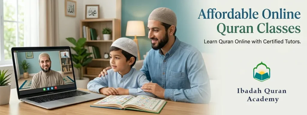 Student attending affordable online Quran classes via laptop at home