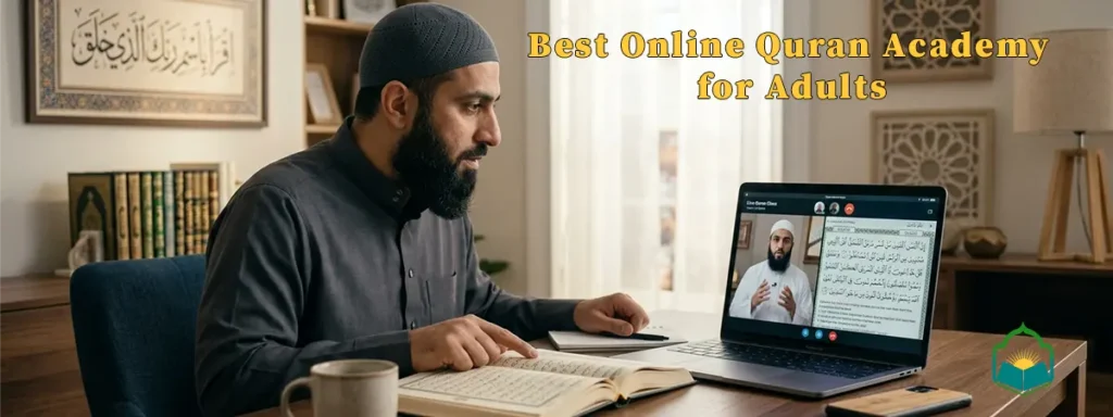 Adult learner attending online Quran classes for adults from home with qualified Quran tutor at best online quran academy for adults
