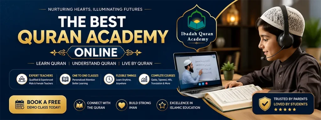 Best Quran academy — child learning Quran with Tajweed rules on laptop at home