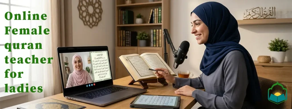 Online female Quran teacher for ladies conducting a one-on-one Quran class for a Muslim woman through a live video lesson