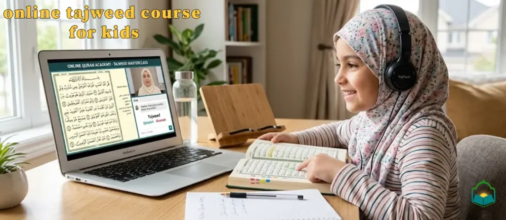 Child attending an online Tajweed course for kids via live video session with a certified Quran teacher