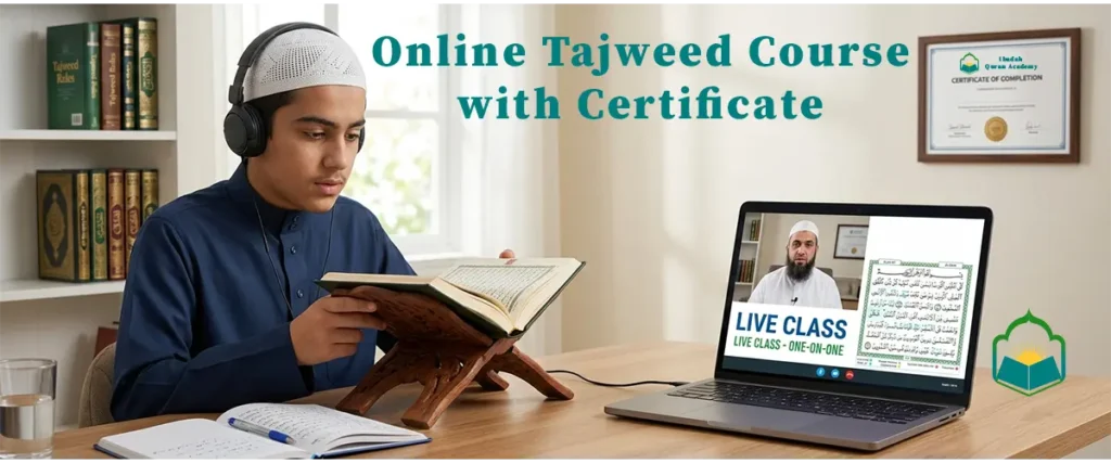 Student attending an online Tajweed course with certificate via live video class