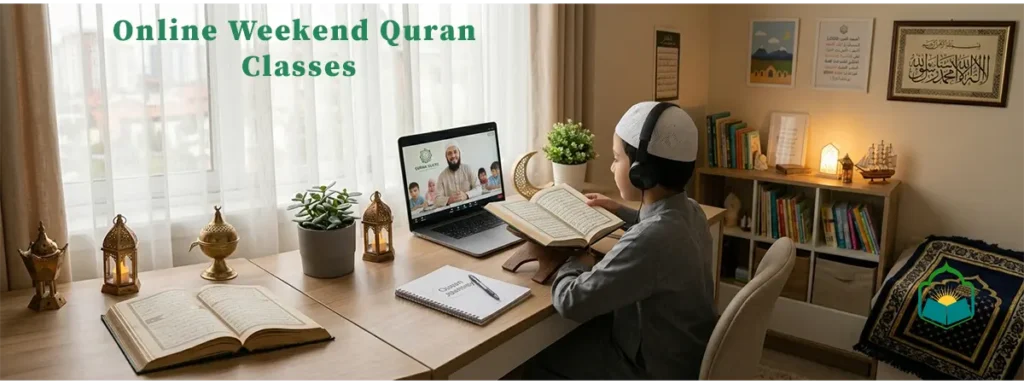 • weekend Quran classes for kids with a certified online tutor on a laptop