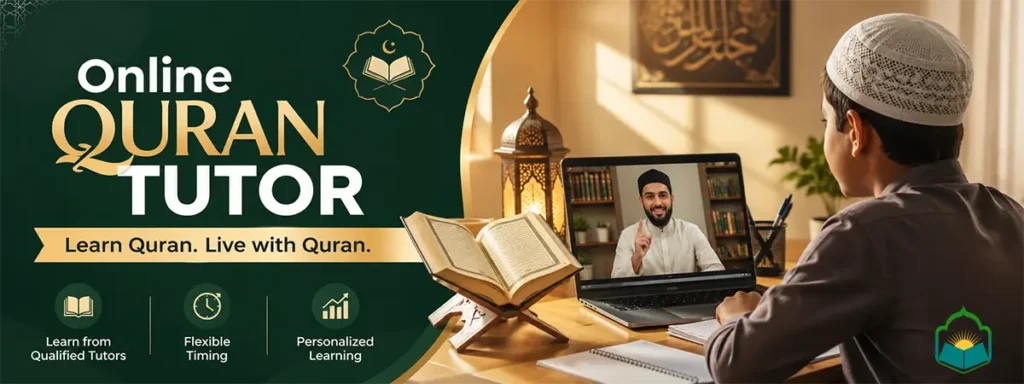 Certified online Quran tutor guiding a student through Tajweed recitation on a video call